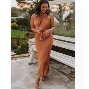 NWT Show Me Your Mumu Jasmine Halter Midi Dress Copper Luxe Satin Large